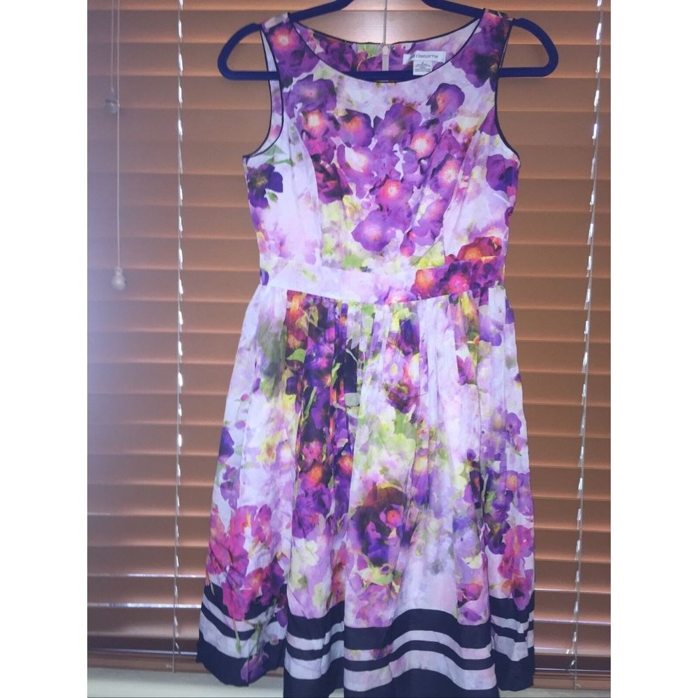 LIZ CLAIBORNE WOMENS Size 4 BLACK Stripe With  FLORAL  A-LINE DRESS